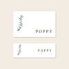 Two place card templates shown in horizontal and slim rectangular layouts on a beige background.