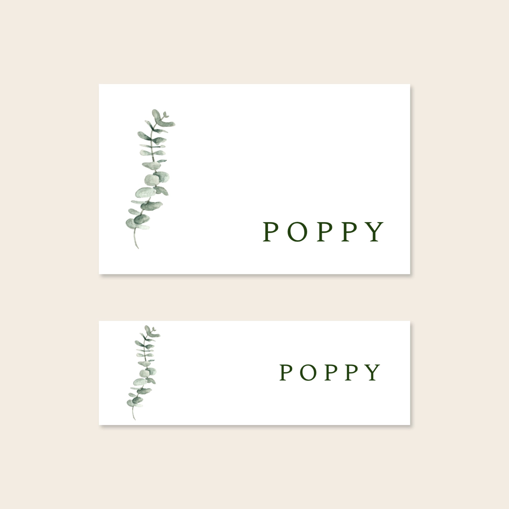 Two place card templates shown in horizontal and slim rectangular layouts on a beige background.