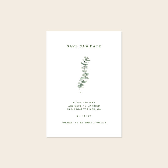 Wedding save the date card template with eucalyptus design on a beige background.