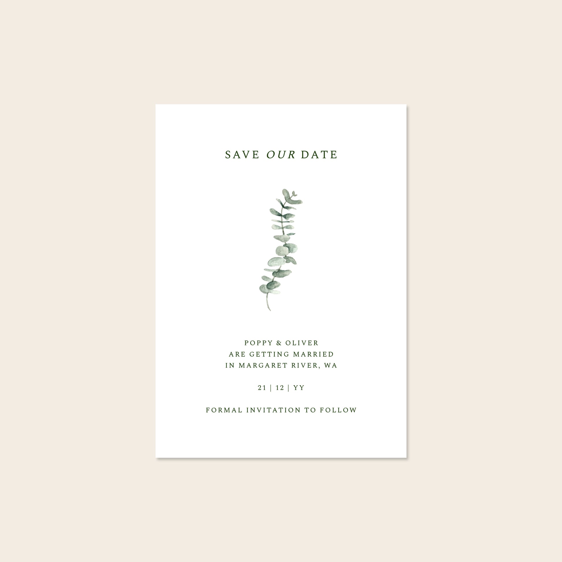 Wedding save the date card template with eucalyptus design on a beige background.
