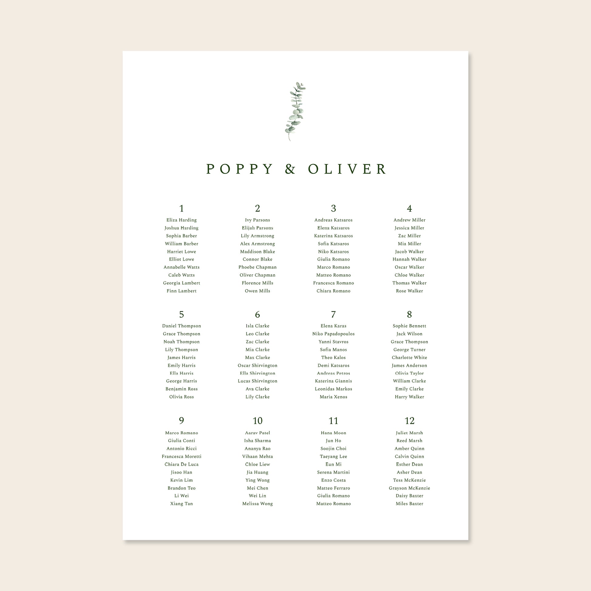 Wedding seating chart template design on a beige background.