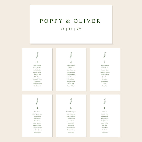 Printable seating chart cards template design with names and title on a beige background.