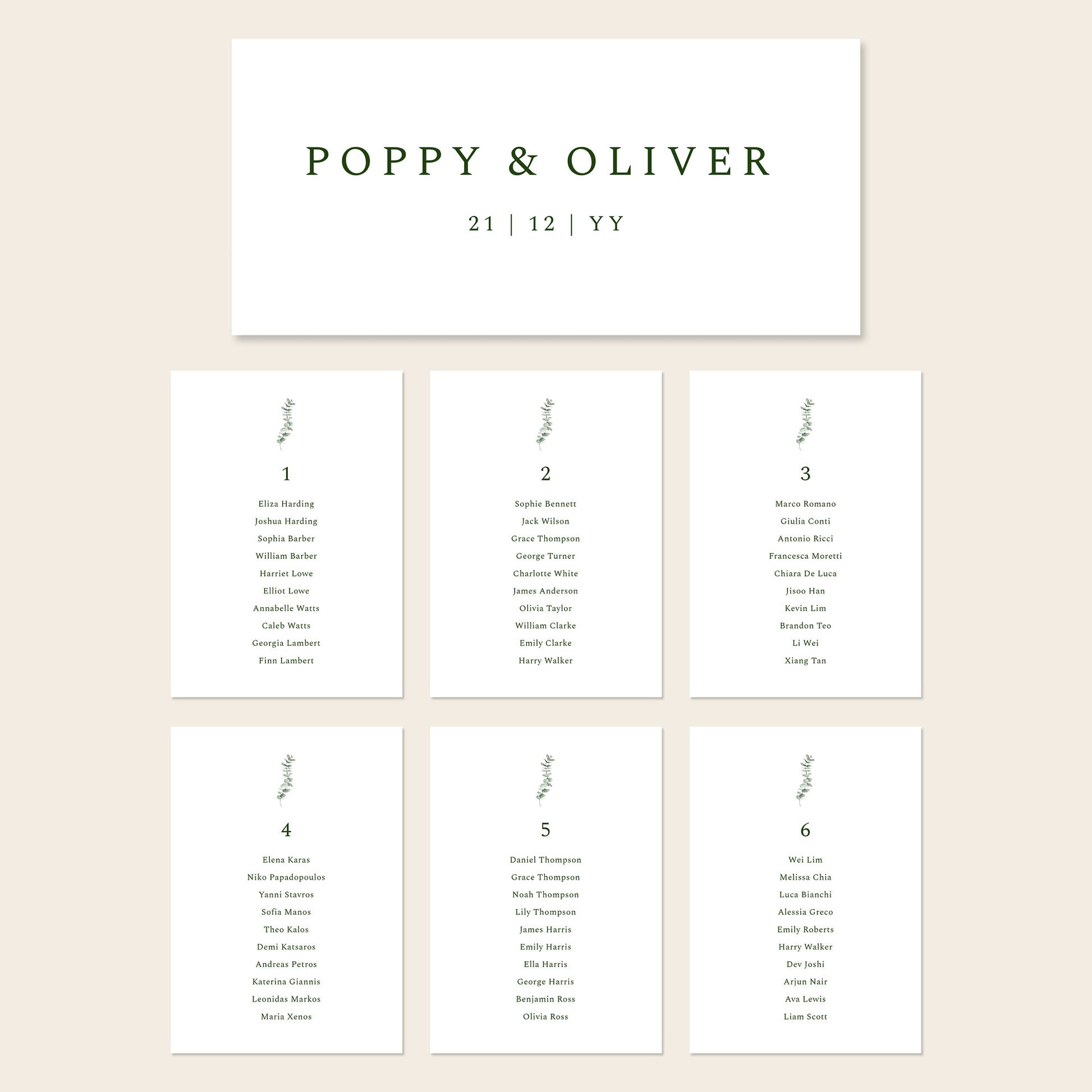 Printable seating chart cards template design with names and title on a beige background.