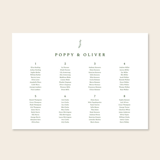 Horizontal wedding seating chart template design on a beige background.