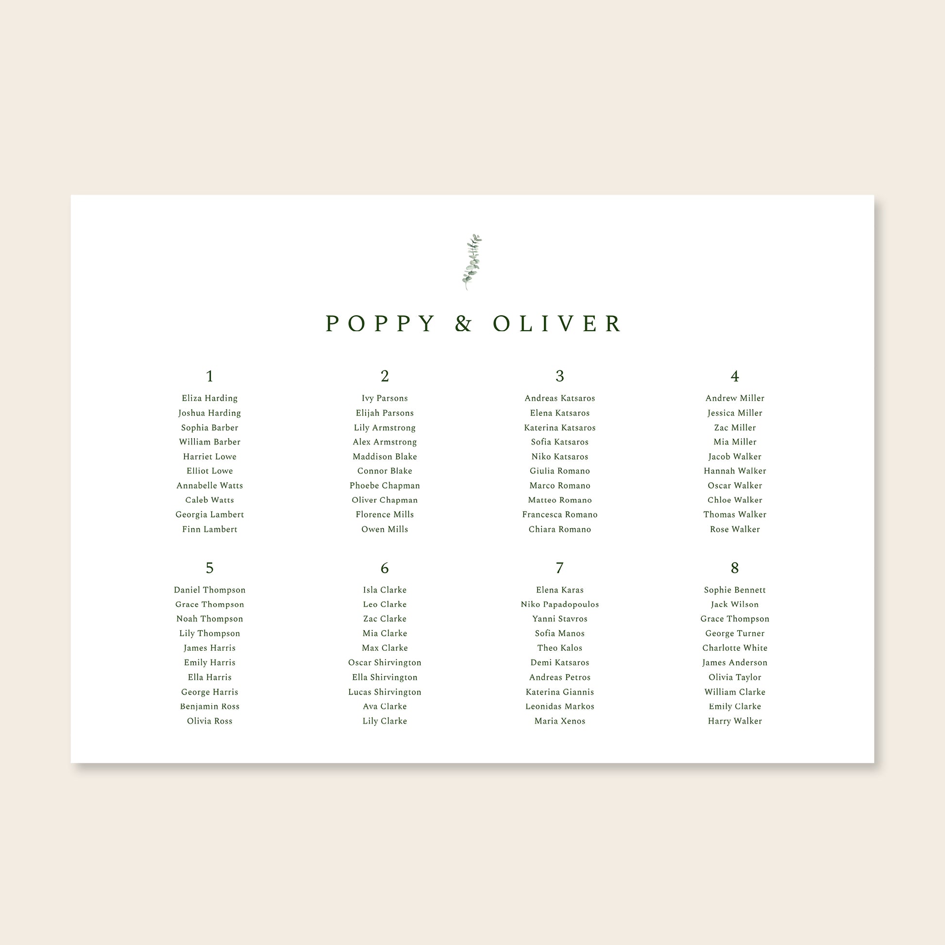 Horizontal wedding seating chart template design on a beige background.