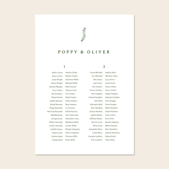 Wedding seating chart template design on a beige background.