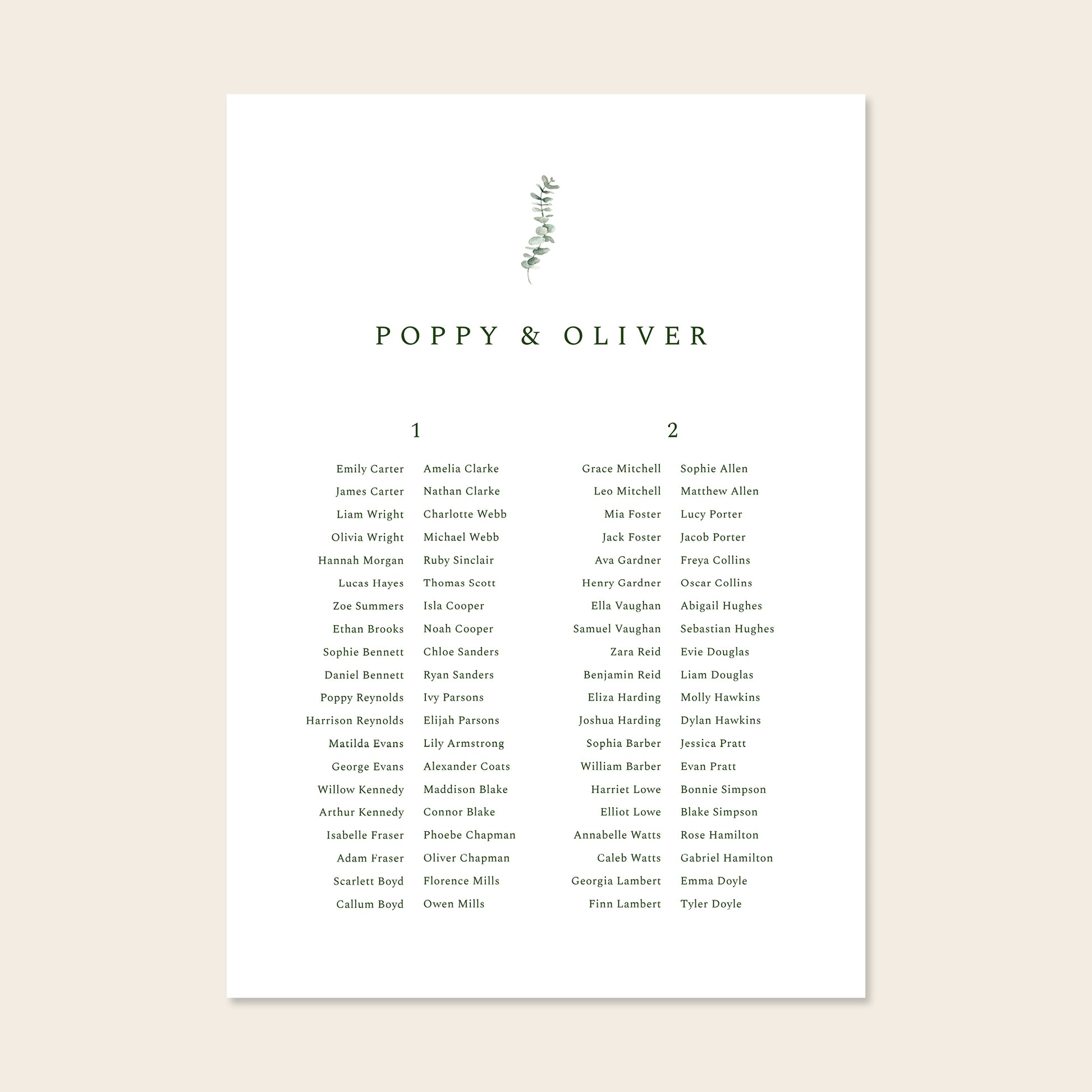 Wedding seating chart template design on a beige background.