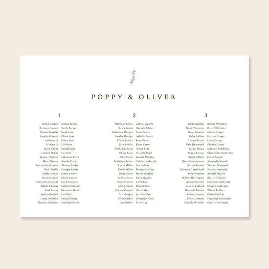 Horizontal wedding seating chart template design on a beige background.