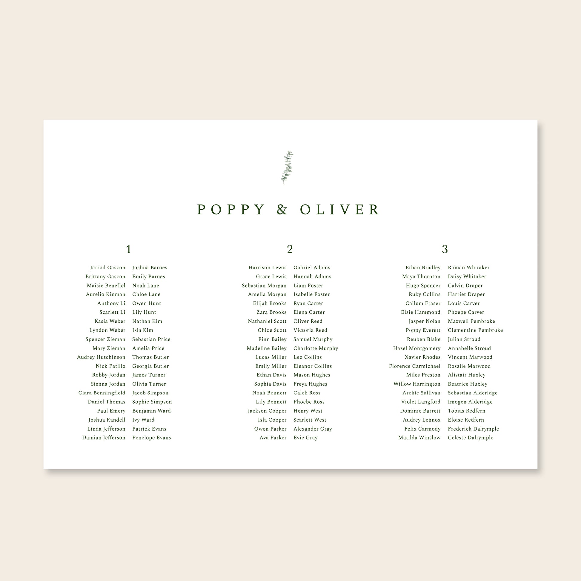 Horizontal wedding seating chart template design on a beige background.