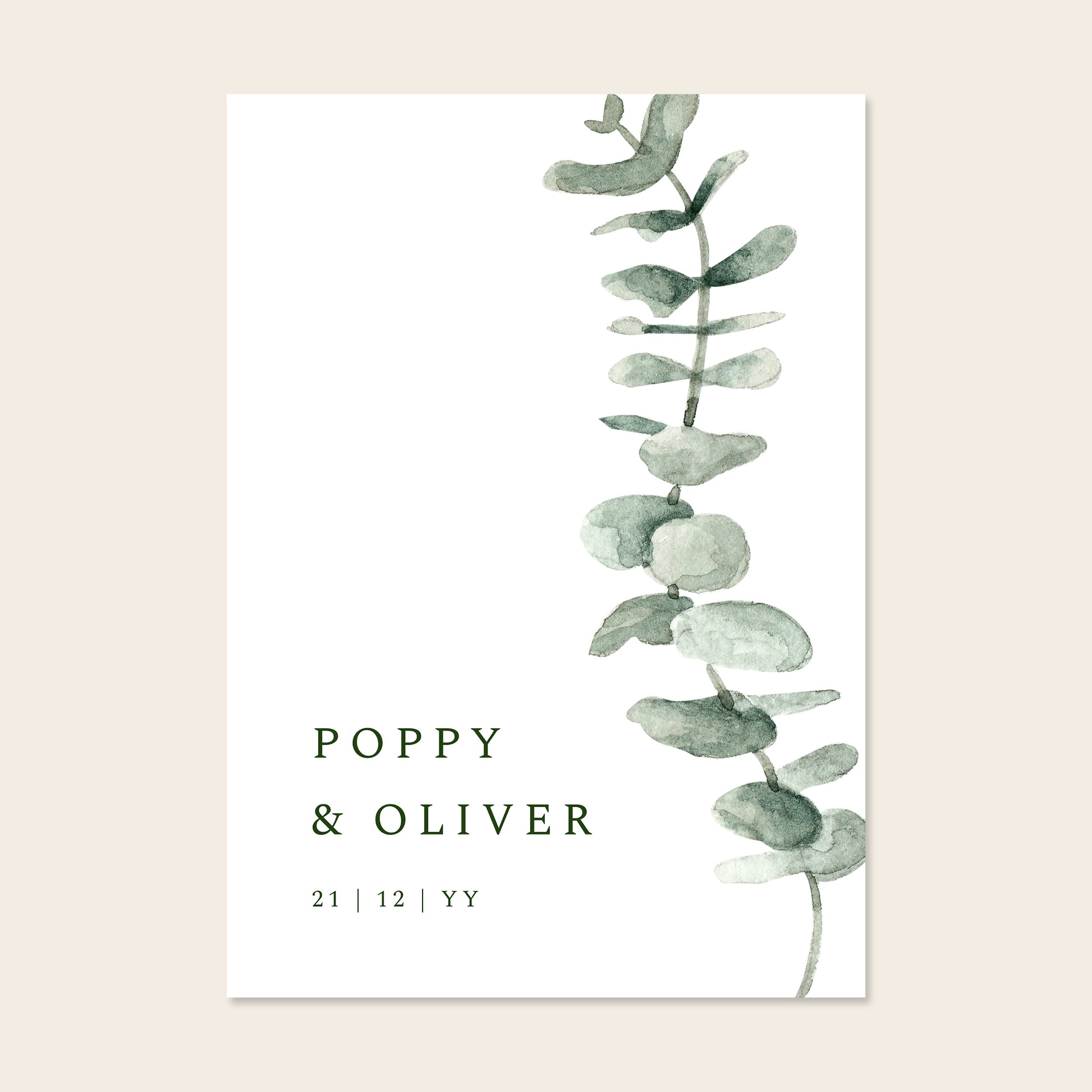 Wedding welcome sign template with eucalyptus leaf design on a beige background.