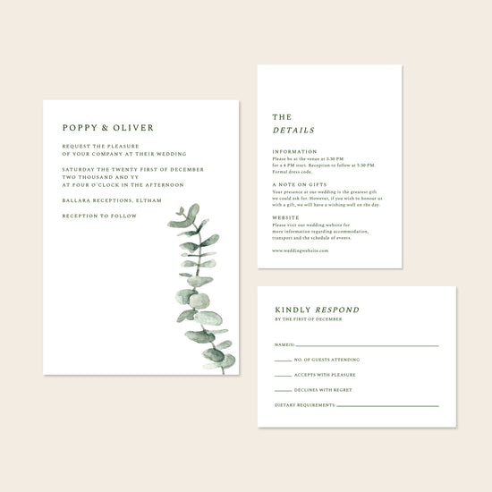 Wedding invitation template set with details and rsvp on a beige background.