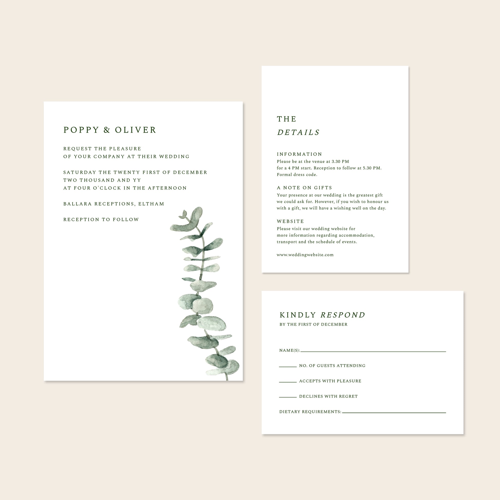 Wedding invitation template set with details and rsvp on a beige background.