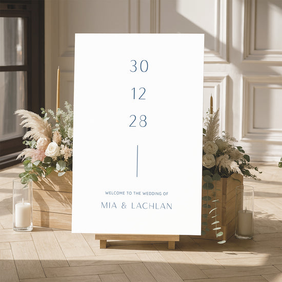 Wedding welcome sign template with floral arrangements and candles in a room.