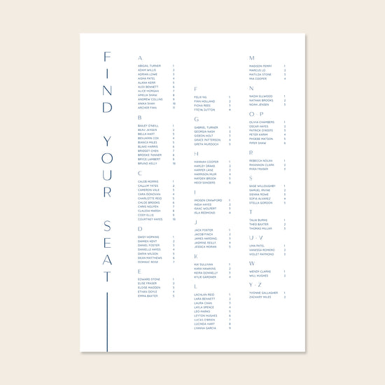 Wedding alphabetical table seating plan template design on a beige background.