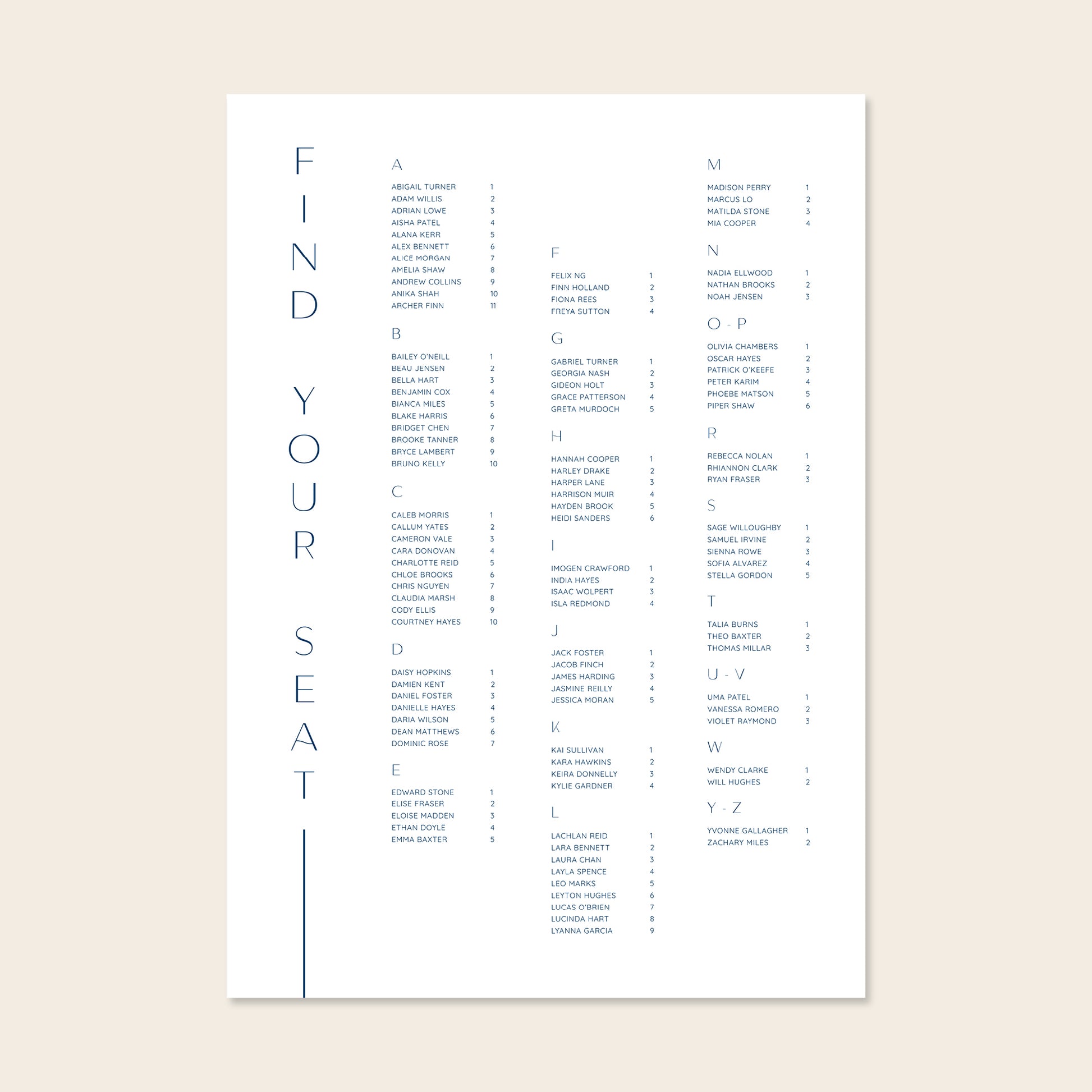 Wedding alphabetical table seating plan template design on a beige background.