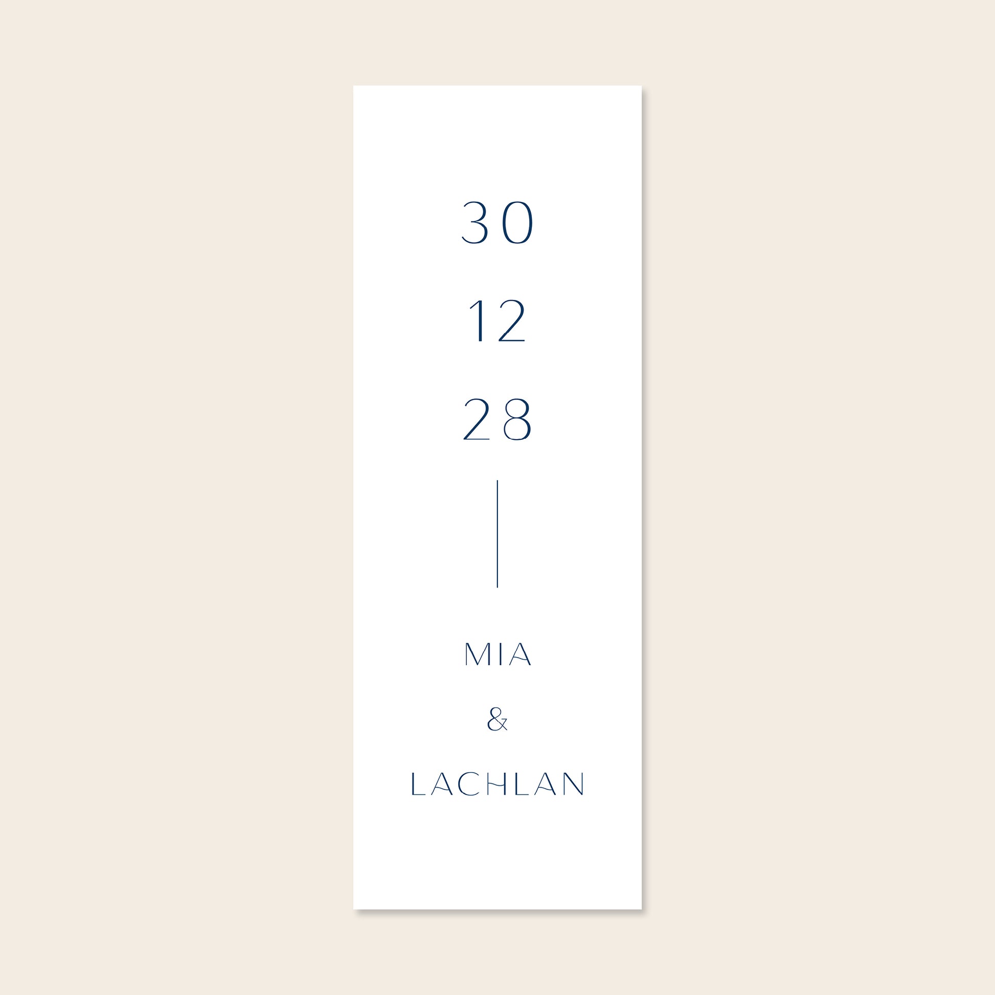 Vertical white fabric sign template on a beige background.