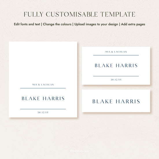 Fully customisable Laguna place card template shown in flat, folded and slim layouts, each in a minimalist navy and white design.