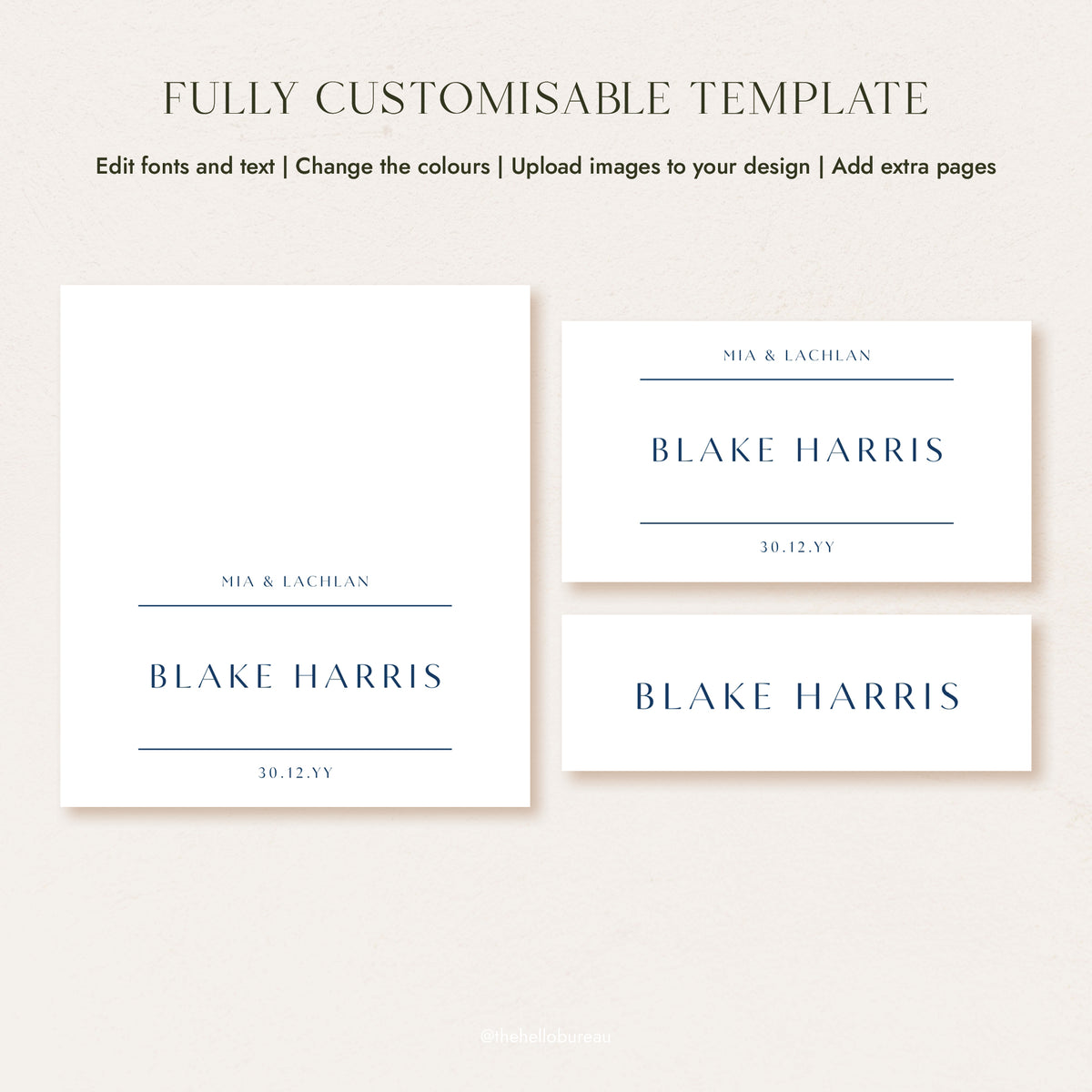 Fully customisable Laguna place card template shown in flat, folded and slim layouts, each in a minimalist navy and white design.