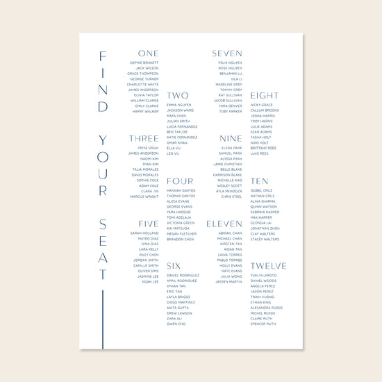 Wedding seating plan template design on a beige background.