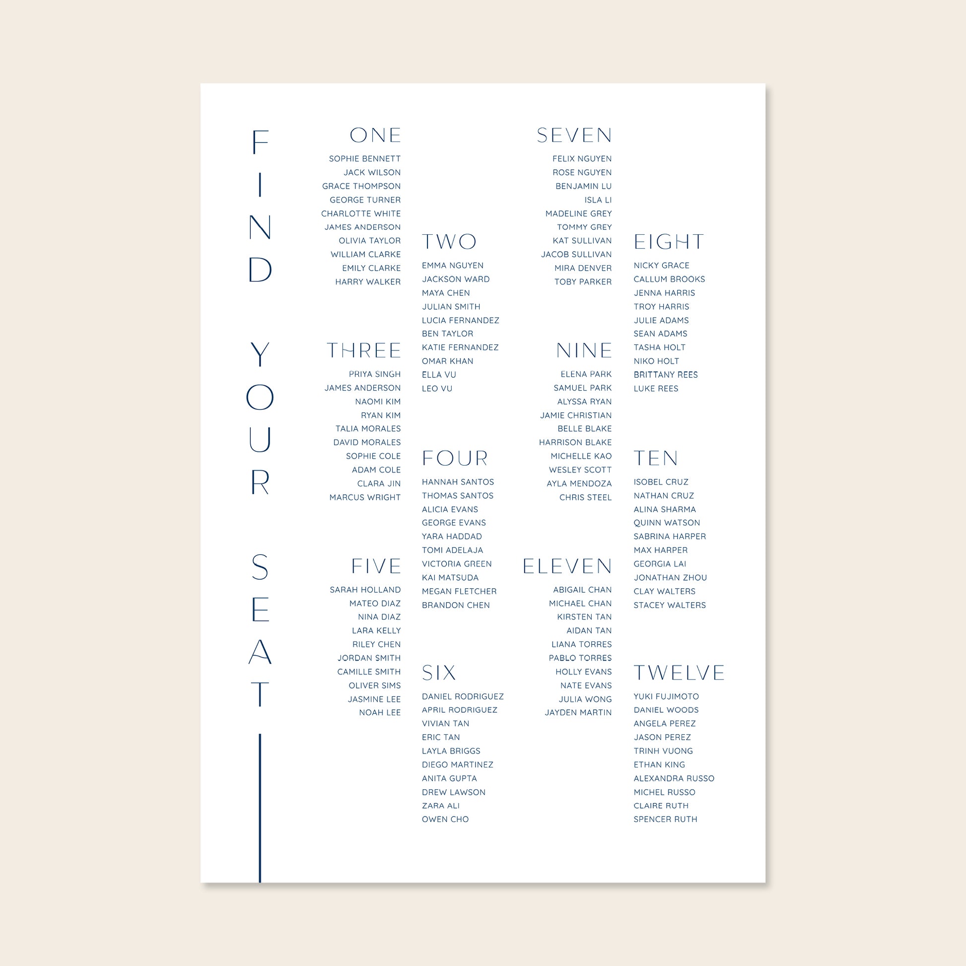 Wedding seating plan template design on a beige background.
