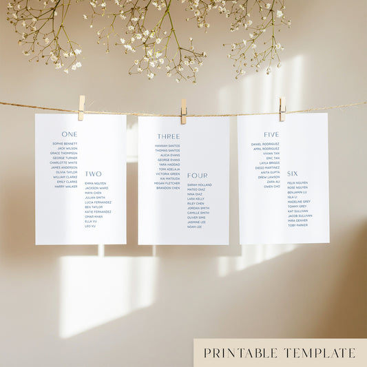 Three white seating chart cards with printed names, clipped to a string with pegs, against a neutral background.