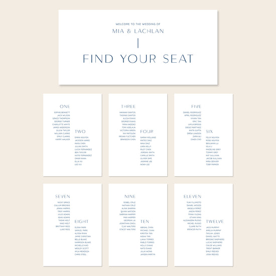 Printable seating chart cards template design with names and title on a beige background.