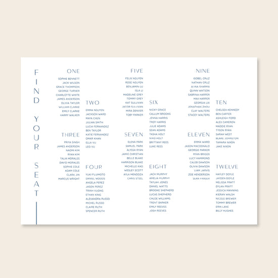 Horizontal wedding long tables seating chart template design on a beige background.