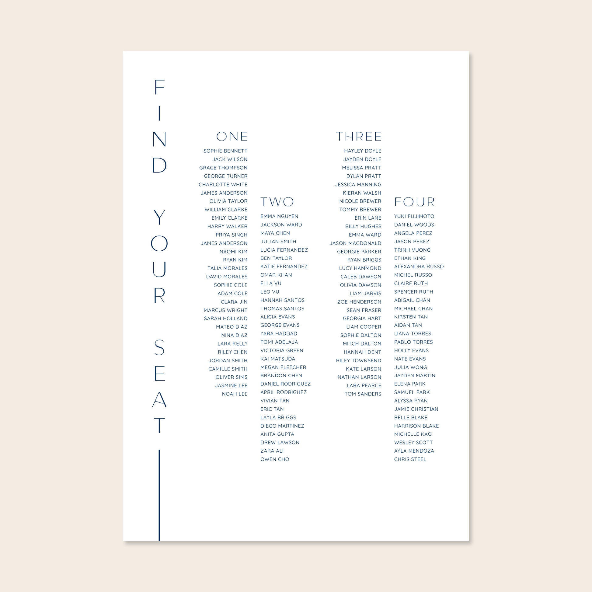 Wedding seating plan template design on a beige background.