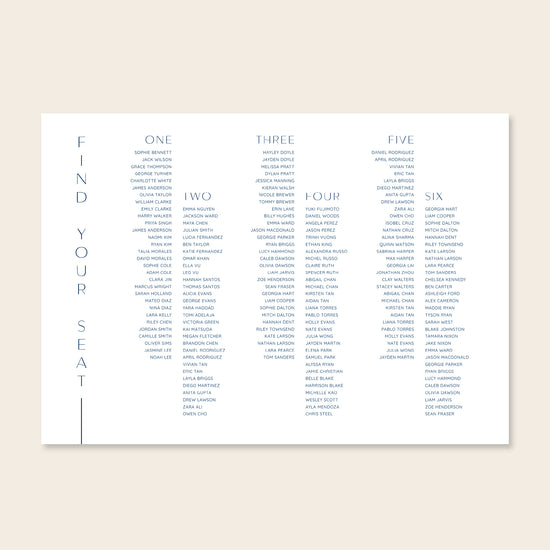Horizontal wedding long tables seating chart template design on a beige background.