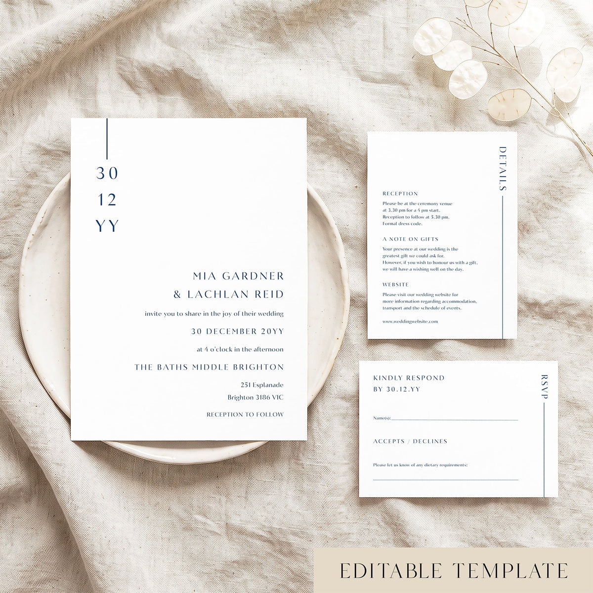 DIY minimalist coastal wedding invitation template in navy ink, with details card and RSVP card, styled on linen with dried lunaria