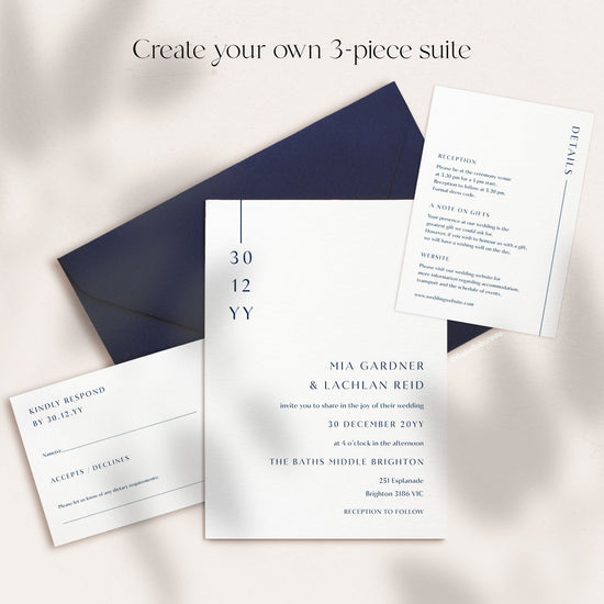 Three-piece minimalist wedding invitation suite with 5x7 invitation, details card and RSVP card on a navy envelope