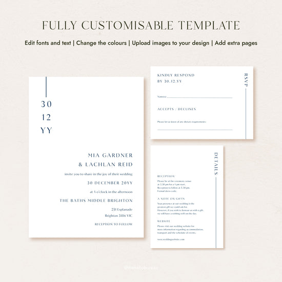 Laguna minimalist coastal modern custom wedding invitation template, fully editable, with 5x7 invitation, details card and RSVP card