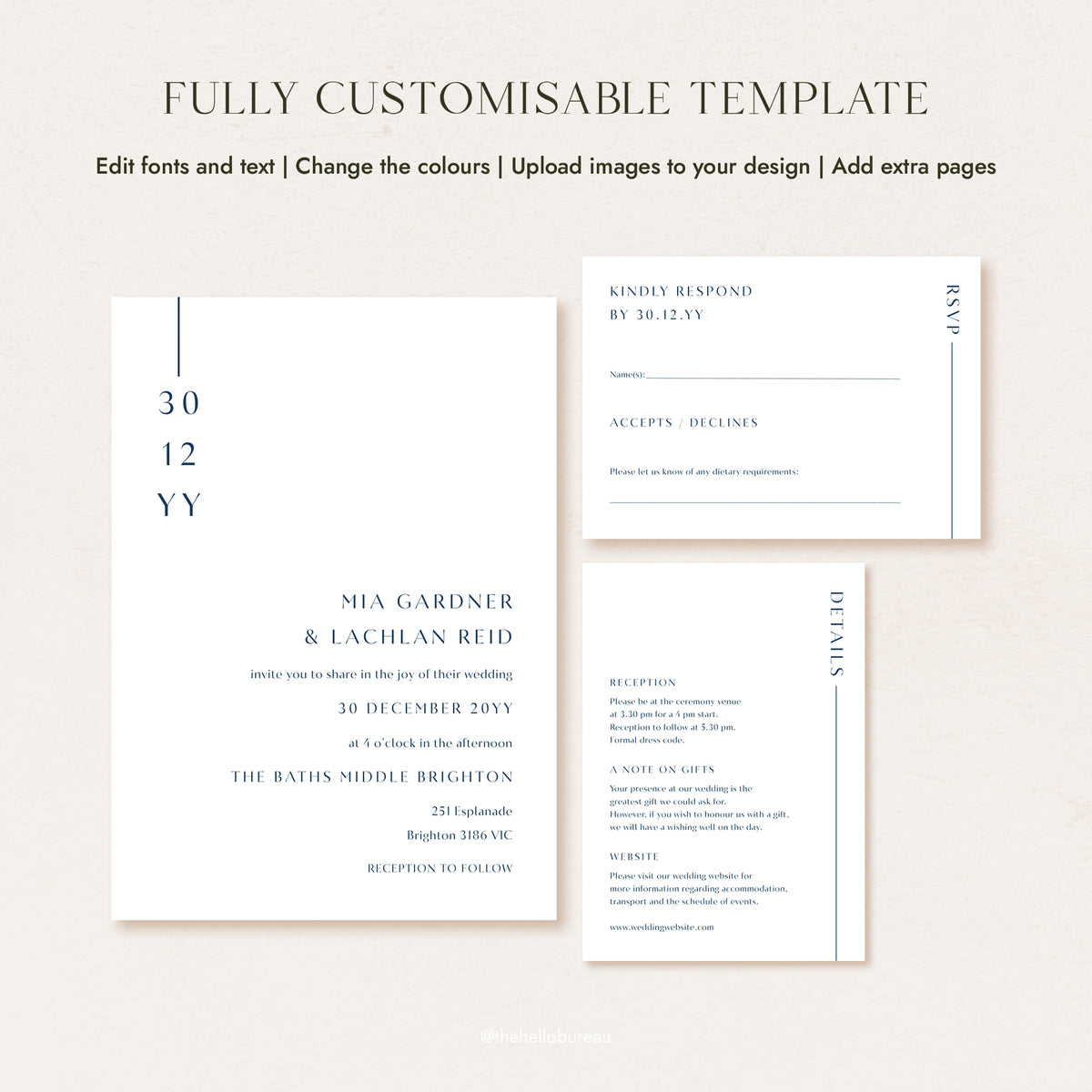 Laguna minimalist coastal modern custom wedding invitation template, fully editable, with 5x7 invitation, details card and RSVP card
