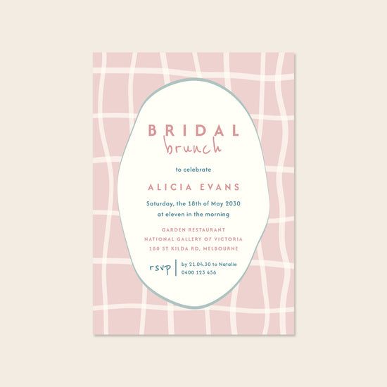 Whimsical and geometric bridal shower invitation template design on a beige background.