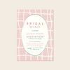 Whimsical and geometric bridal shower invitation template design on a beige background.