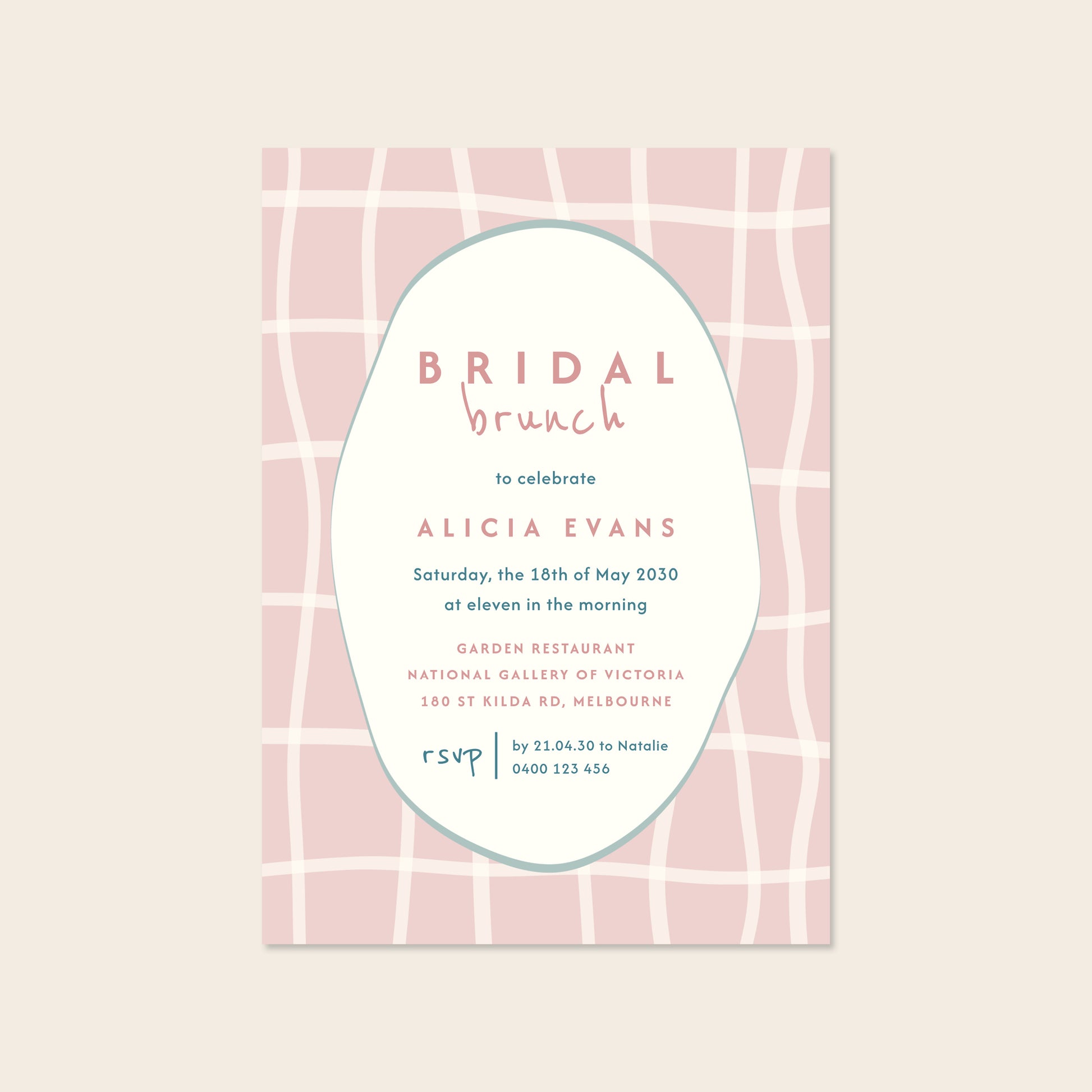 Whimsical and geometric bridal shower invitation template design on a beige background.
