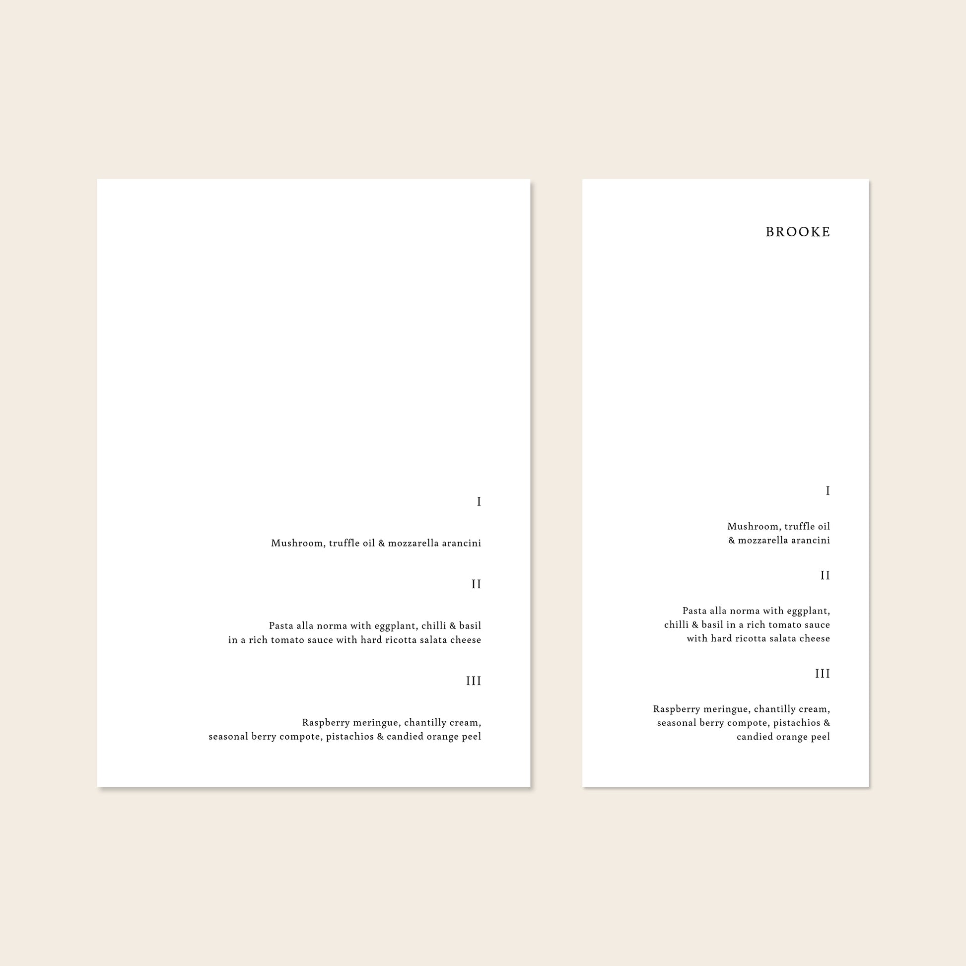 Two wedding menu templates, one tall and one wide, displayed on a beige background.