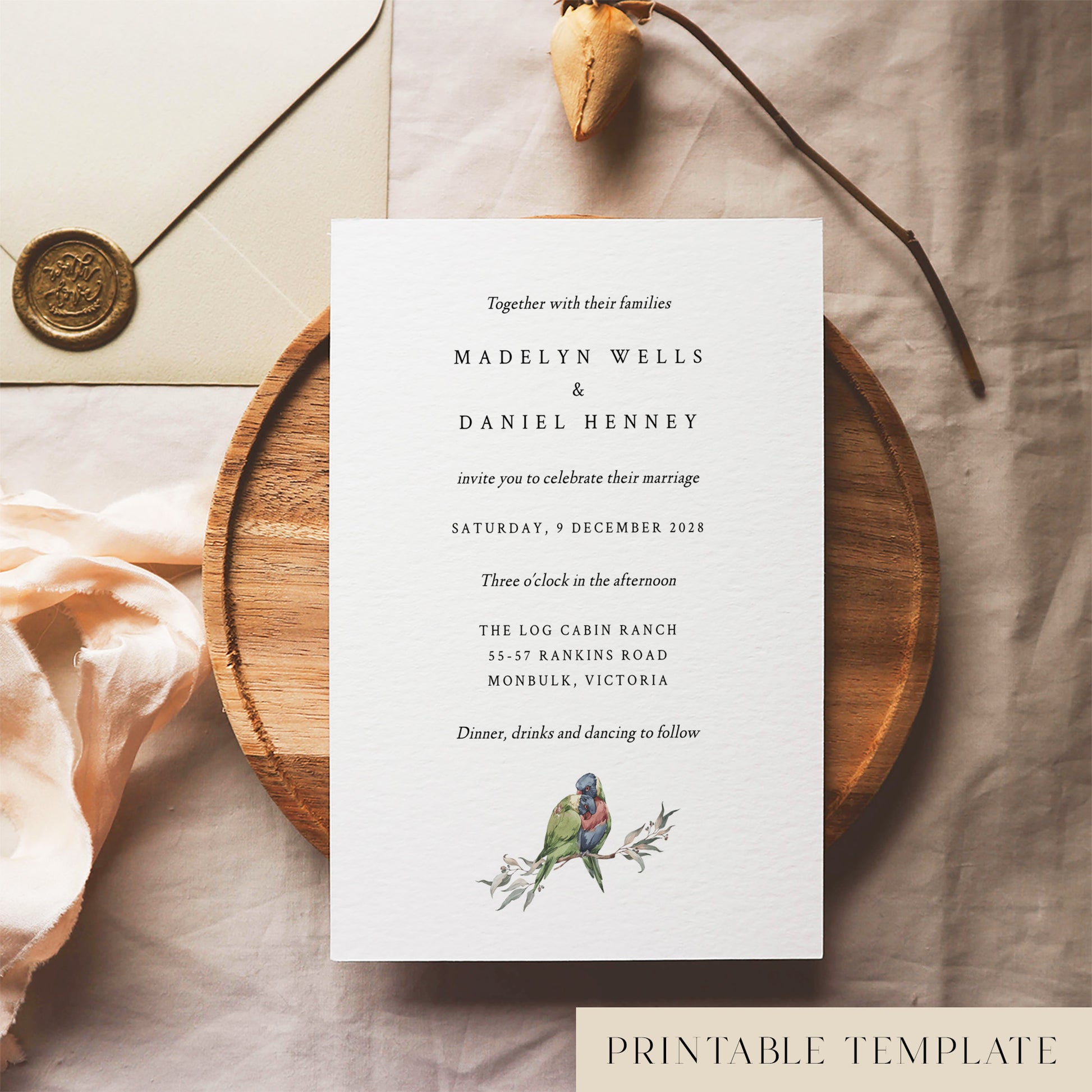 Wedding invitation card template with lorikeet birds illustration on a wooden plate and envelope.