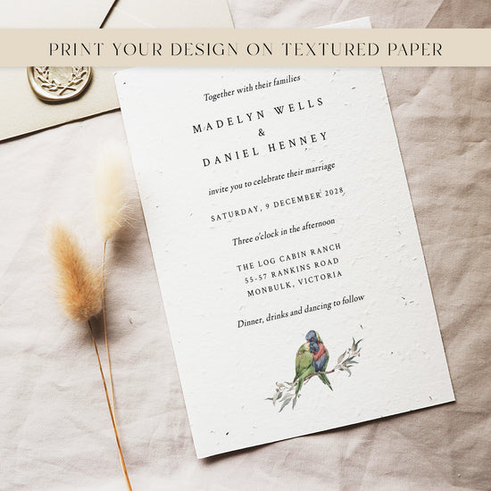 Wedding invitation card template with lorikeet birds illustration on textured paper.