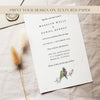Wedding invitation card template with lorikeet birds illustration on textured paper.