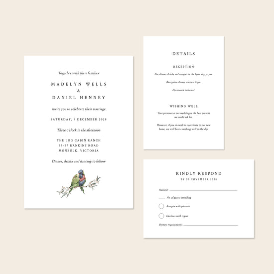 Wedding invitation set with details and rsvp on a beige background.