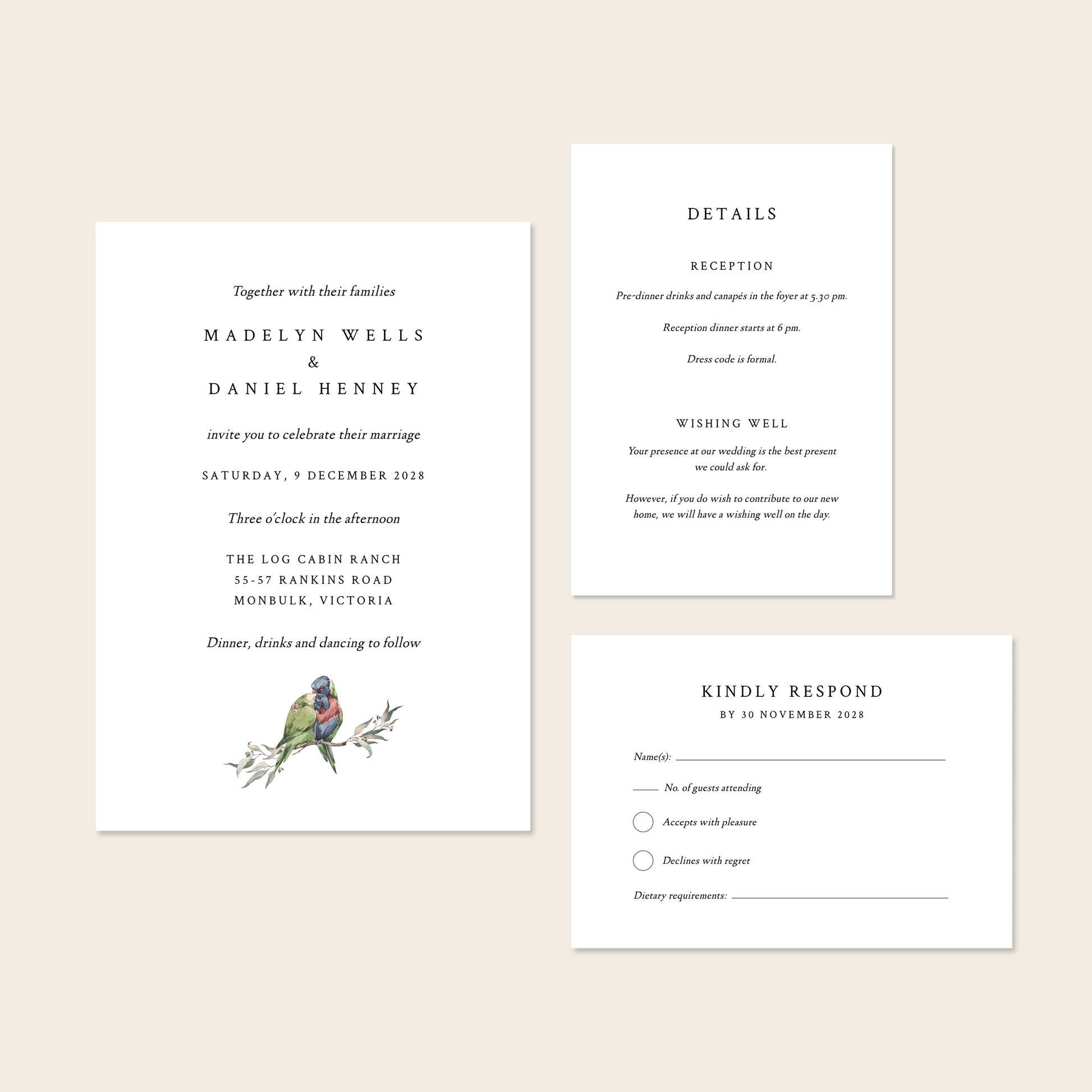 Wedding invitation set with details and rsvp on a beige background.