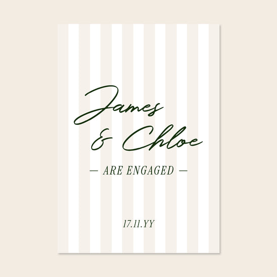 Modern stripe engagement party welcome sign template design on a beige background.