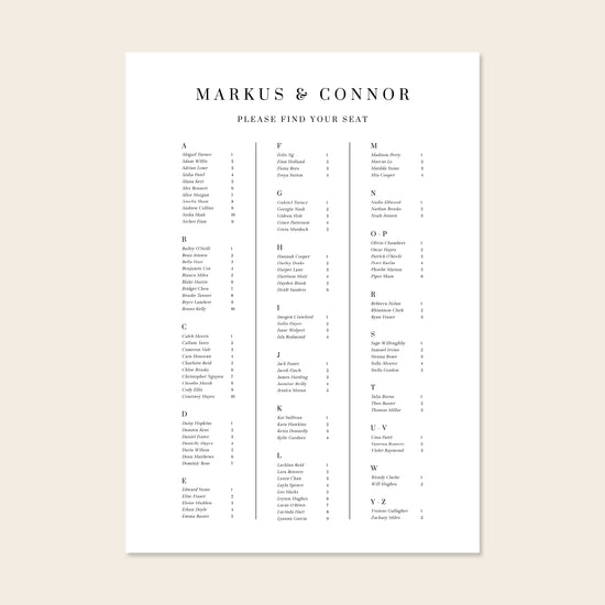 Wedding alphabetical table seating plan template design on a beige background.