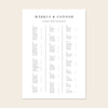 Wedding alphabetical table seating plan template design on a beige background.