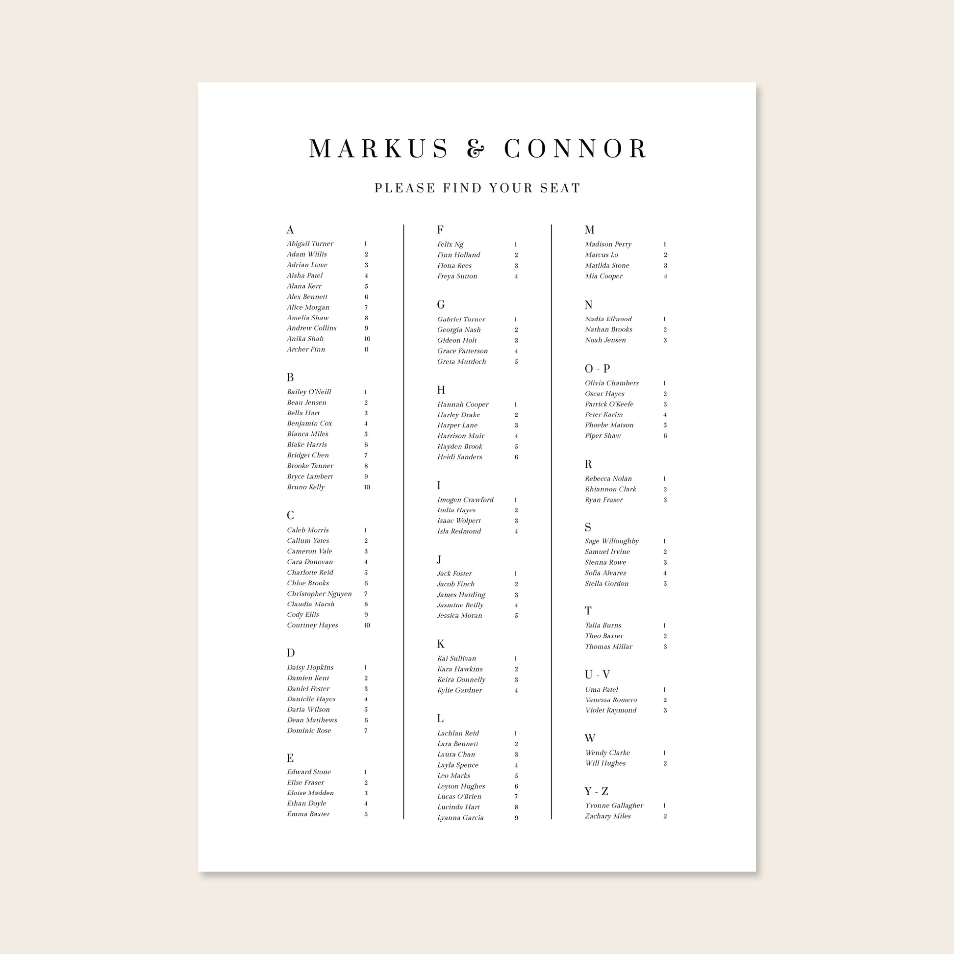 Wedding alphabetical table seating plan template design on a beige background.