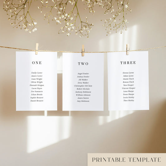 Three white seating chart cards with printed names, clipped to a string with pegs, against a neutral background.