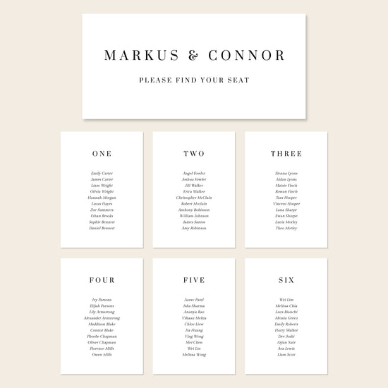 Printable seating chart cards template design with names and title on a beige background.