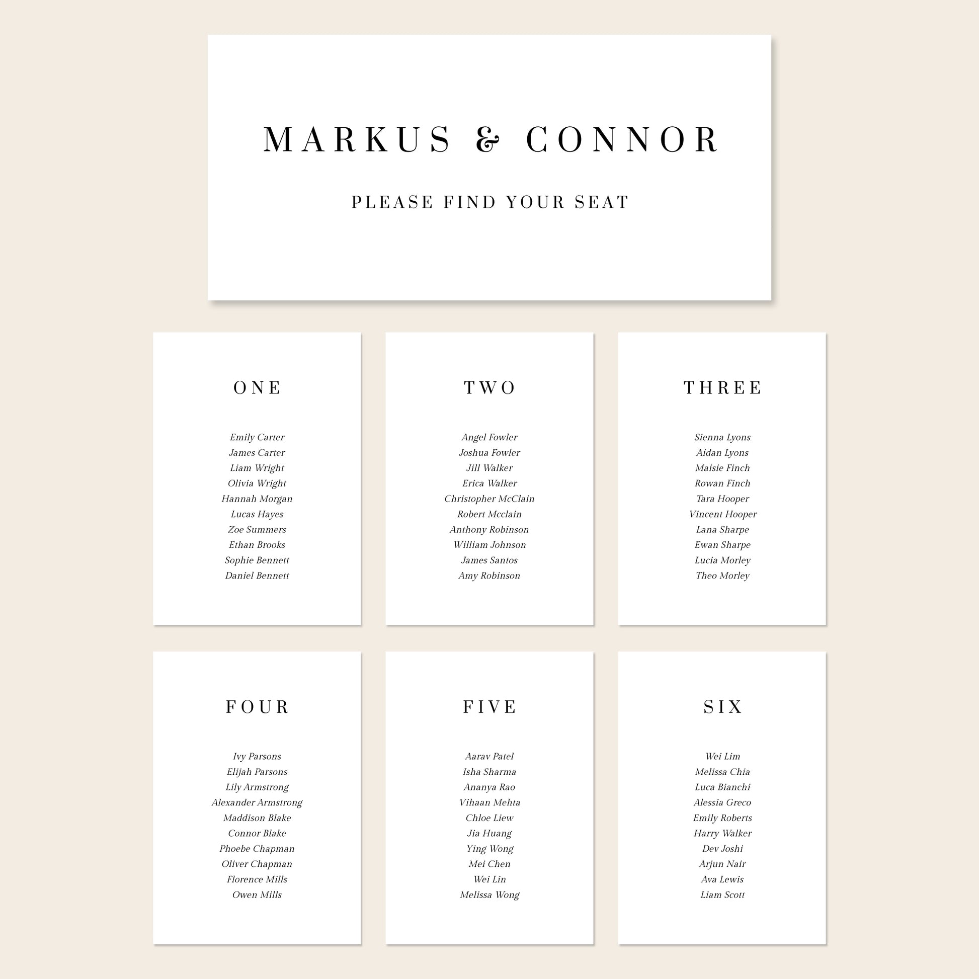 Printable seating chart cards template design with names and title on a beige background.