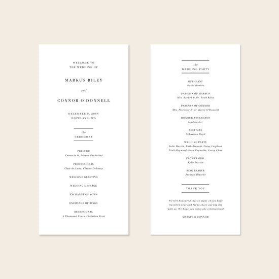 A digital mockup showing the front and back of a DL-sized wedding program template against a plain neutral backdrop.
